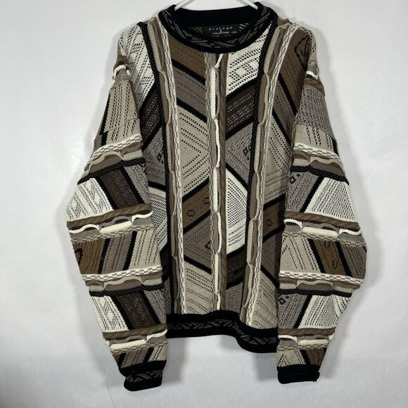 Protege Collection 3D Knit Sweater Mens Size 2XL XXL Brown Geometric Coogi Style - Picture 1 of 12